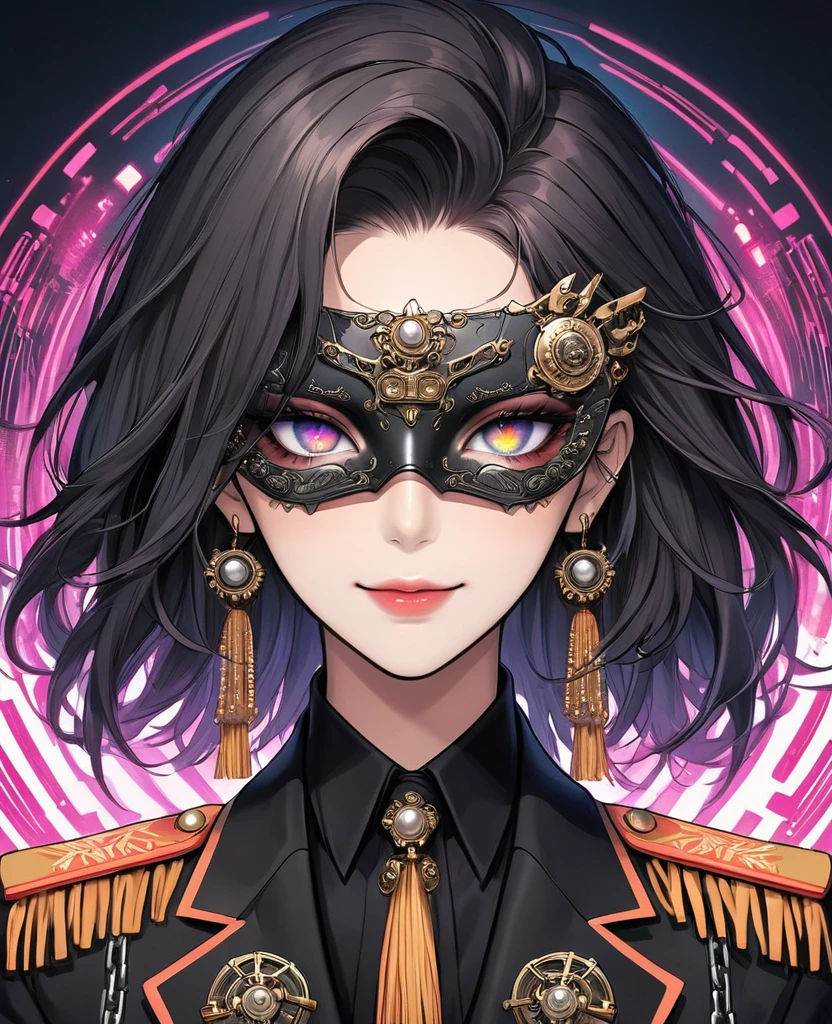 (Digital Illustration,Detailed anime style,Heavy Metal Cyberpunk,Pearl tassel eye mask,Girl wearing eye mask,out a hand,Solitary,symmetry),(Big colorful eyes,Fashionable and exquisite facial features,Exquisite makeup,Smooth skin,Smile,Soulful gaze,),(Hair Bunch),(Black suit,Epaulettes-Chain,cool,),(((Correct human anatomy))),Radioactive geometric dynamic light wave background