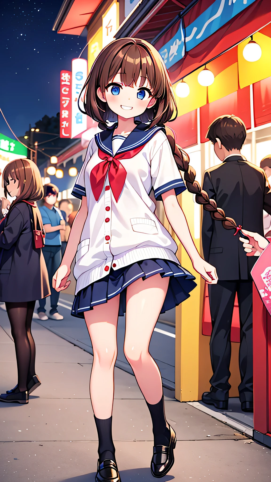 {Highest quality], [Super beautiful], [Ultra fine], [Best illustration], NSFW,Brown Hair,Hime cut,Braid,Clear,With bangs, girl,Sailor suit,knit cardigan,Short sleeve,skirt,Slender women,walk,(Public),Night Park,Summer festival,diagonal,Black high socks,Black loafa,Grin,