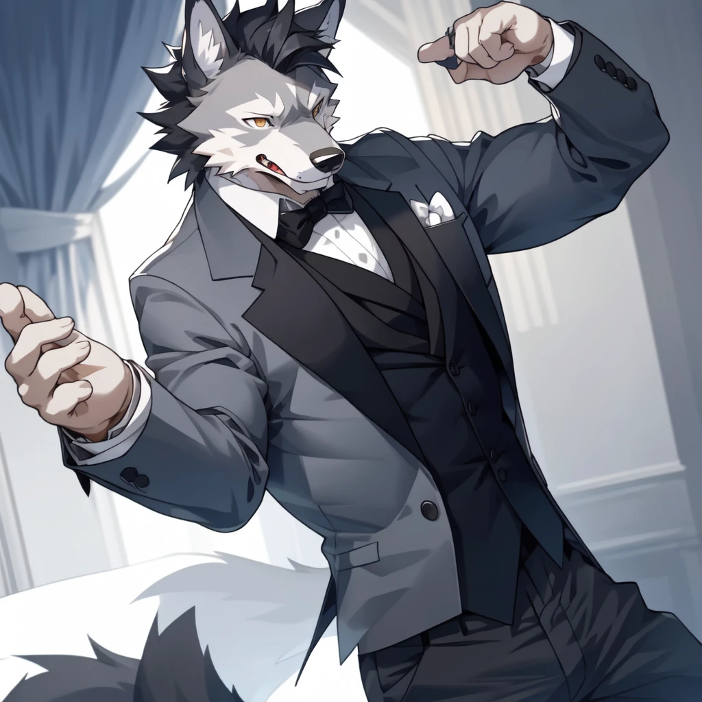 a handsome furry wolf, grey fur, cute, rich, formal clothes, head only, solo