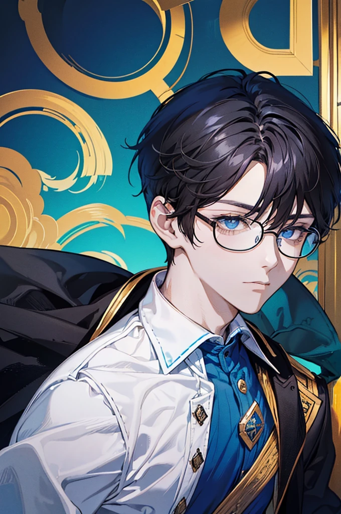 Guy, boy, charming, Black hair with brown highlight, blue eyes, Wears Blue and white stripe polo shirt,wears Circle shape Glasses,black pierce on his left ear, Yellow wall background