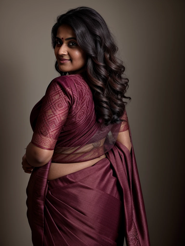 a chubby 30 year old indian woman wearing a dark maroon saree, showing her backside to the camera, intricate saree patterns, beautiful indian facial features, mesmerizing gaze, highly detailed, photorealistic, 8k, HDR, award winning portrait photography, cinematic lighting, warm color tones