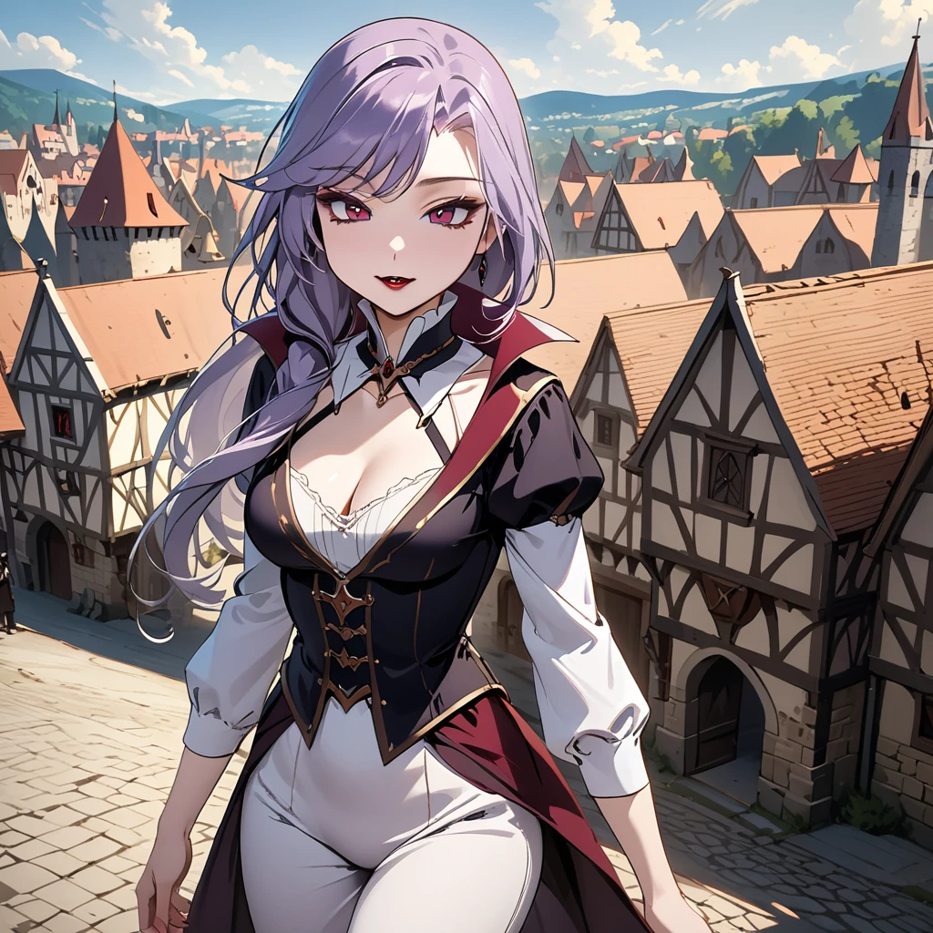(masterpiece, best quality:1.2), 1girl, solo, Sonata, purple hair, vampire, medieval city background
