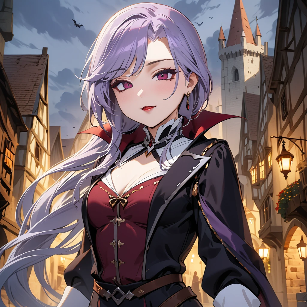 (masterpiece, best quality:1.2), 1girl, solo, Sonata, purple hair, vampire, medieval city background