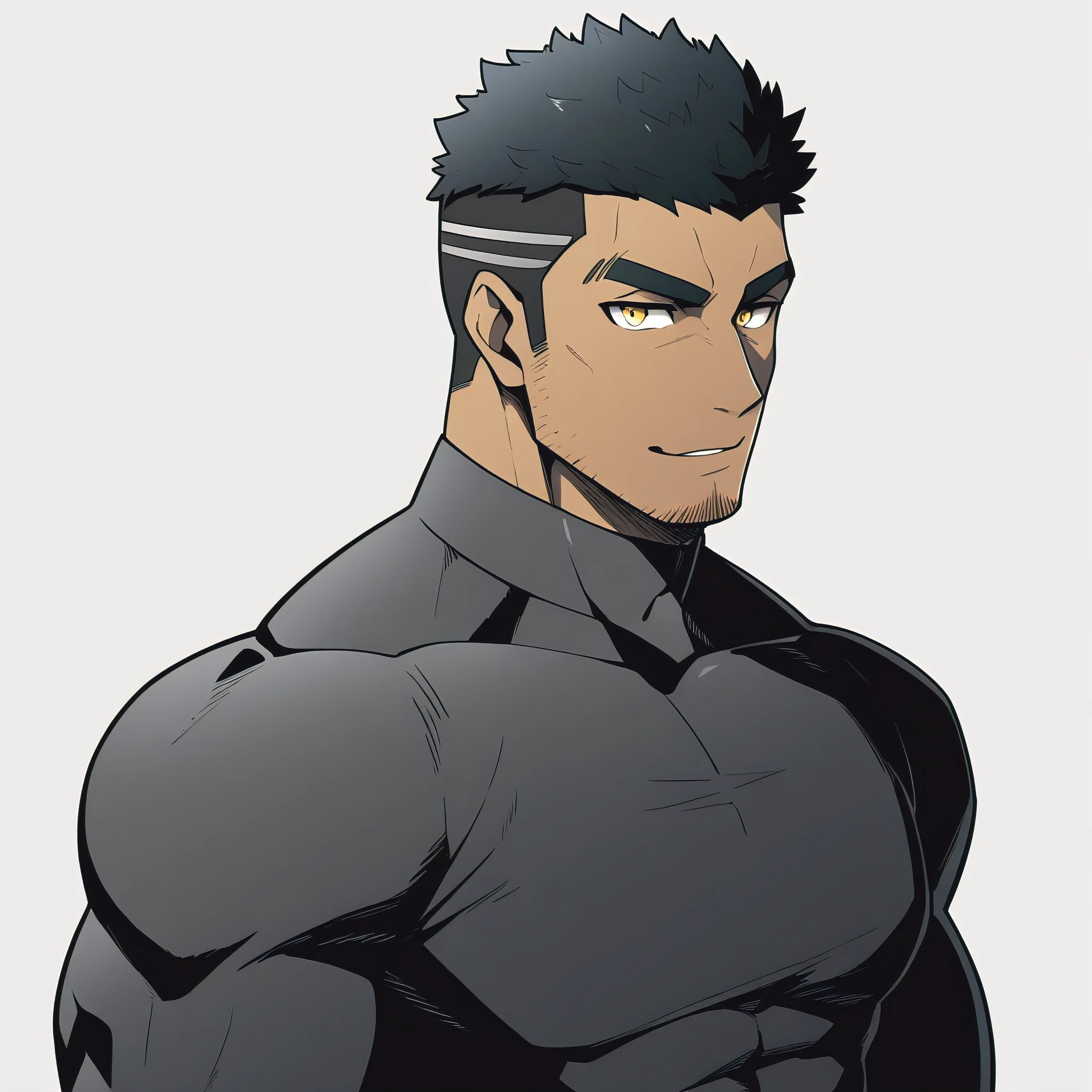 one negro, anime characters：Gyee, Hibino Kafka, One Muscle Sports Student, negro black skin, Very Black, muscular tough guy, Manliness, male focus, Grey long sleeve turtleneck tight t-shirt, Regular symmetrical pattern, Very tight, muscular male, muscular, only, Upper body, alone, Black short hair, Thick eyebrows, stubble, Yellow eyes, White background, simple background, amazing quality, best aesthetics, Ridiculous, bright pupils, crew cut, parted lips, seductive smile, torogao, naughty face, best quality