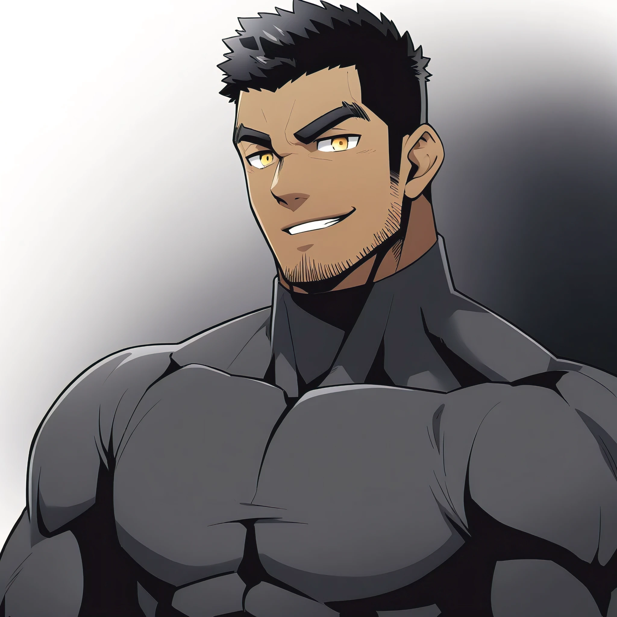 one negro, anime characters:Gyee, Hibino Kafka, One Muscle Sports Student, negro black skin, Very Black, muscular tough guy, Manliness, male focus, Grey long sleeve turtleneck tight t-shirt, Regular symmetrical pattern, Very tight, muscular male, muscular, only, Upper body, alone, Black short hair, Thick eyebrows, stubble, Yellow eyes, White background, simple background, amazing quality, best aesthetics, Ridiculous, bright pupils, crew cut, parted lips, seductive smile, torogao, naughty face, best quality