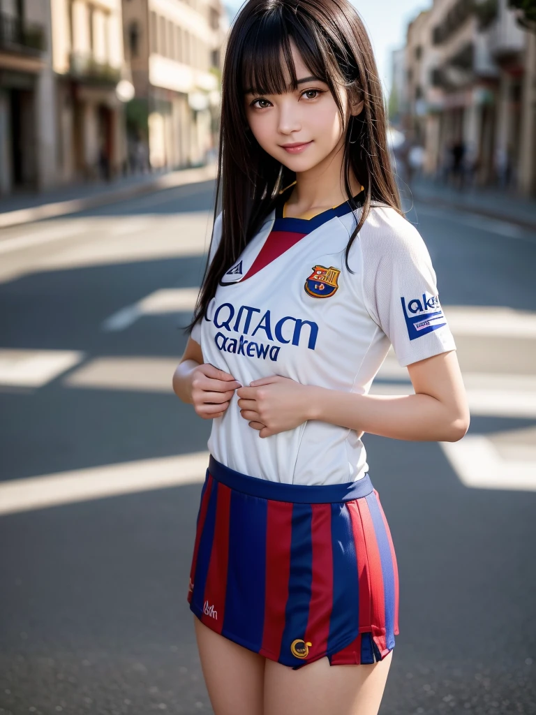 (8k, RAW Photos, Highest quality, masterpiece:1.2), (Realistic, photo-Realistic:1.4), (Highly detailed 8K wallpapers), ((Full Body Shot)), (1 girl), Sharp focus, Depth of written boundary, Cinematic lighting, Soft Light, 緻密な美しさのeye, eye_Chan, Very beautiful girl, innocent big eyes, Realistic, photo Realistic, Highly detailed cute girl, (Thin thighs), (Model Body Type), 18-year-old, (((FC Barcelona soccer jersey))), ((Micro Mini Tight Skirt)), (((Fold your arms in front of your chest and act arrogantly))), ((A happy smile)), Parted lips, Watching the audience, (On the streets of Spain) , (Black Hair),(Long Bob Hair), (Asymmetrical bangs)