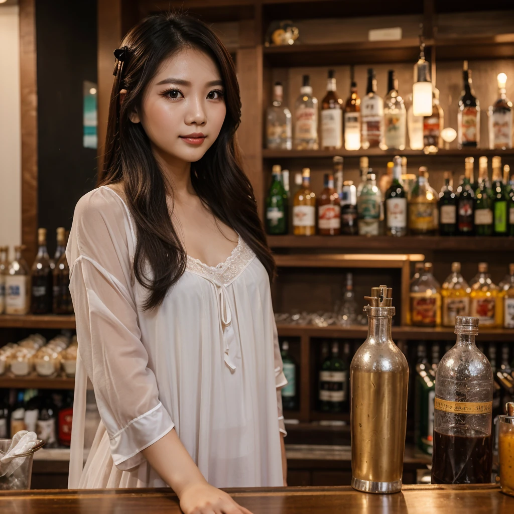 1girl in, 30 years old, mặt vuông, long hair, look at the viewer, adorn, Thực tế, Moni feels, Nightgown with cold nose, bar stage, create DIY style