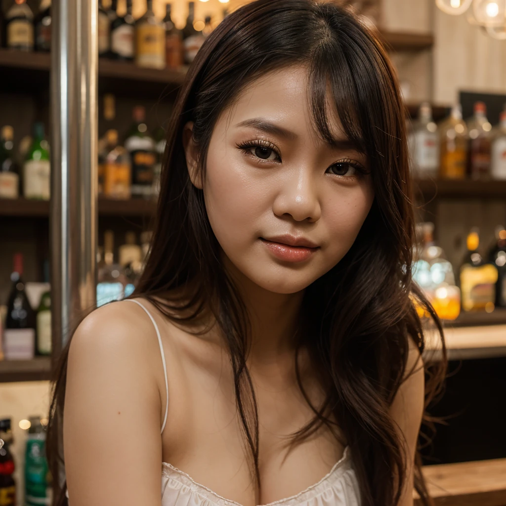 1girl in, 30 years old, mặt vuông, long hair, look at the viewer, adorn, Thực tế, Moni feels, Nightgown with cold nose, bar stage, create DIY style