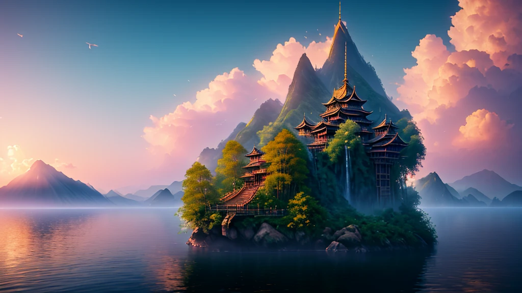 Golden roses were blooming in the sky at dawn, pink clouds were floating, and there was a church on the ground,ultra-realistic,by Ivan Aivazovsky ,in volumetric lighting, Trending on artstation The Jungle Book, bamboo tree fantasy, Long bamboo, Practical, consumption environment, AI, Artificial water source, Build a bridge between two different places surrounded by bamboo forest, Night view, 8k best quality, AMD FidelityFX Super Resolution 3, Rendered by Nvidia RTX DLSS 3.5,(masterpiece, best quality:1.2), (masterpiece, best quality:1.2), landscape, aerial perspective, Tropical mountains, landscape indigo accent, mythology, cinematic,detailed, Atmospheric,backlight,epic, cinematic, conceptual art, matte painting, Beautiful scenery, Realistic lighting, masterpiece, high quality, nice graphics, high detail, ultra detailed, cinematic lighting, high dynamic range, illustration, --v6(Conceptual art, Contemporary art, cinematic lighting, anatomically correct, UHD, masterpiece, highres, 16k, high quality, award winning)