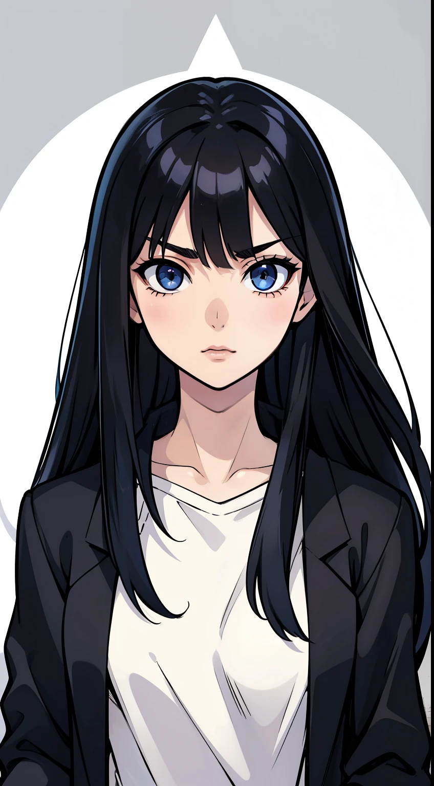 (high-quality, breathtaking),(expressive eyes, perfect face) Symmetrical Eyes, portrait, nomura tetsuya, 1girl, female, black hair color, dark blue eye colors, hair between eyes, long hair length, neutral expression, calm, soft small smile, black long sleeved casual jacket, white shirt, black jeans
