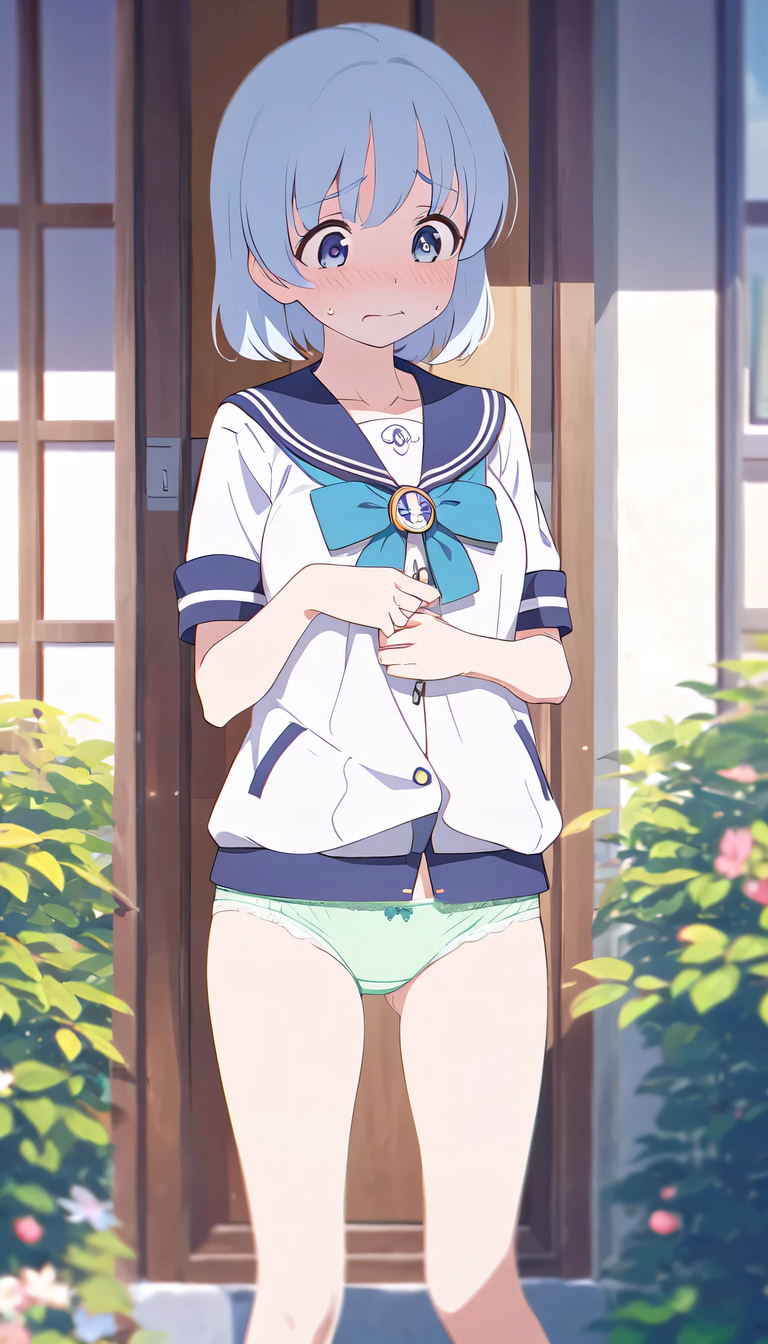 One girl、Standing in front of the house、Light blue hair、blue eyes、Standard bust size、Feeling embarrassed、A little big chest、Wearing a short-sleeved sailor jacket、Wearing green panties、Not wearing a skirt、Daytime view