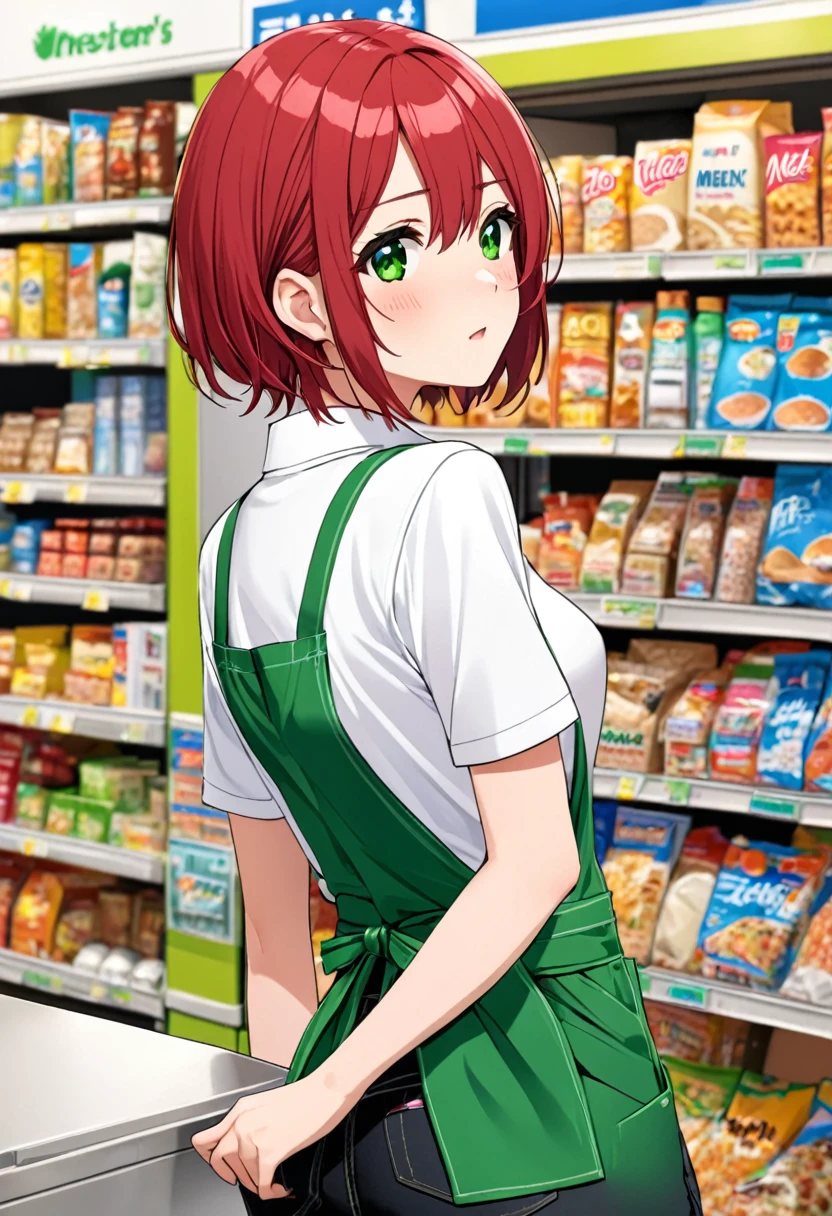 Crimson hair, meek, short hair, tomboy, female, shy, b cup breasts, convenience store worker, white polo shirt, black jeans, green apron