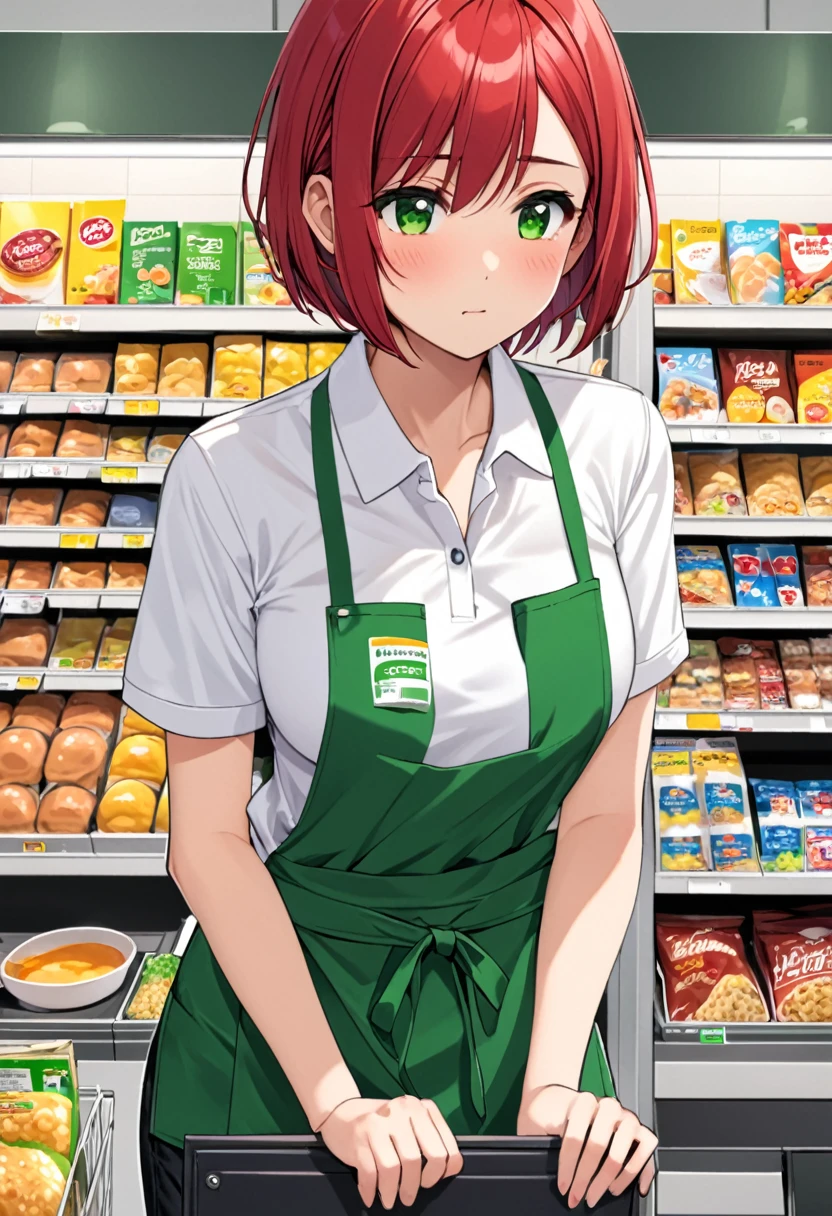 Crimson hair, meek, short hair, tomboy, female, shy, b cup breasts, convenience store worker, white polo shirt, black jeans, green apron
