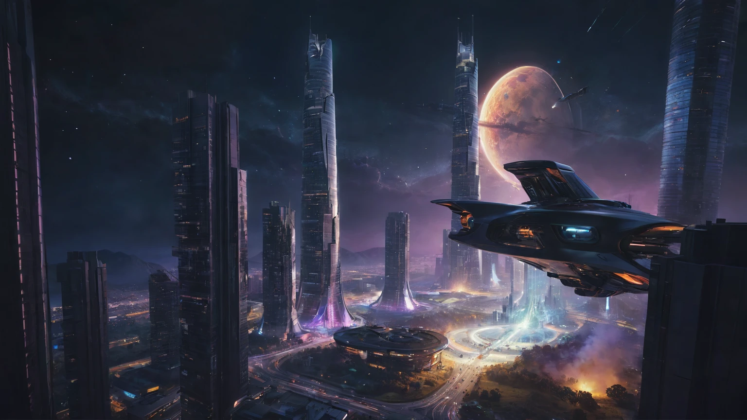 brightly colored abstract image of a space station with a spiral, epic beautiful space scifi, chaotic cinematic space rift, greg beeple, (((((flying cars, 1drone))))), planets colliding, beeple and tim hildebrandt, beeple and jean giraud, end of the universe, galaxy space sci-fi, ringworld, by Mike "Beeple" Winkelmann. Matrix style, (((((Matrix cascading code))))), (((((a futuristic twin tower skyscraper with a unique twisted design))))), (((((OLED GUI interfaces in the building))))), at night, (((((1girl, solo))))), photo realistic, (((large-breast:1.2 slim body, cleavage))), (((off broken mini sling-shirt and black sling bra, extreamly short pleated miniskirt exposing panty))), (((((running pose))))), (((((((matrix style black micro sunglasses))))))), ((((((((((aiming with a short gun)))))))))), (((((looking at camera))))), (((very low view))), (((((half-body thigh level medium shot))))), (((cinematic lighting))).