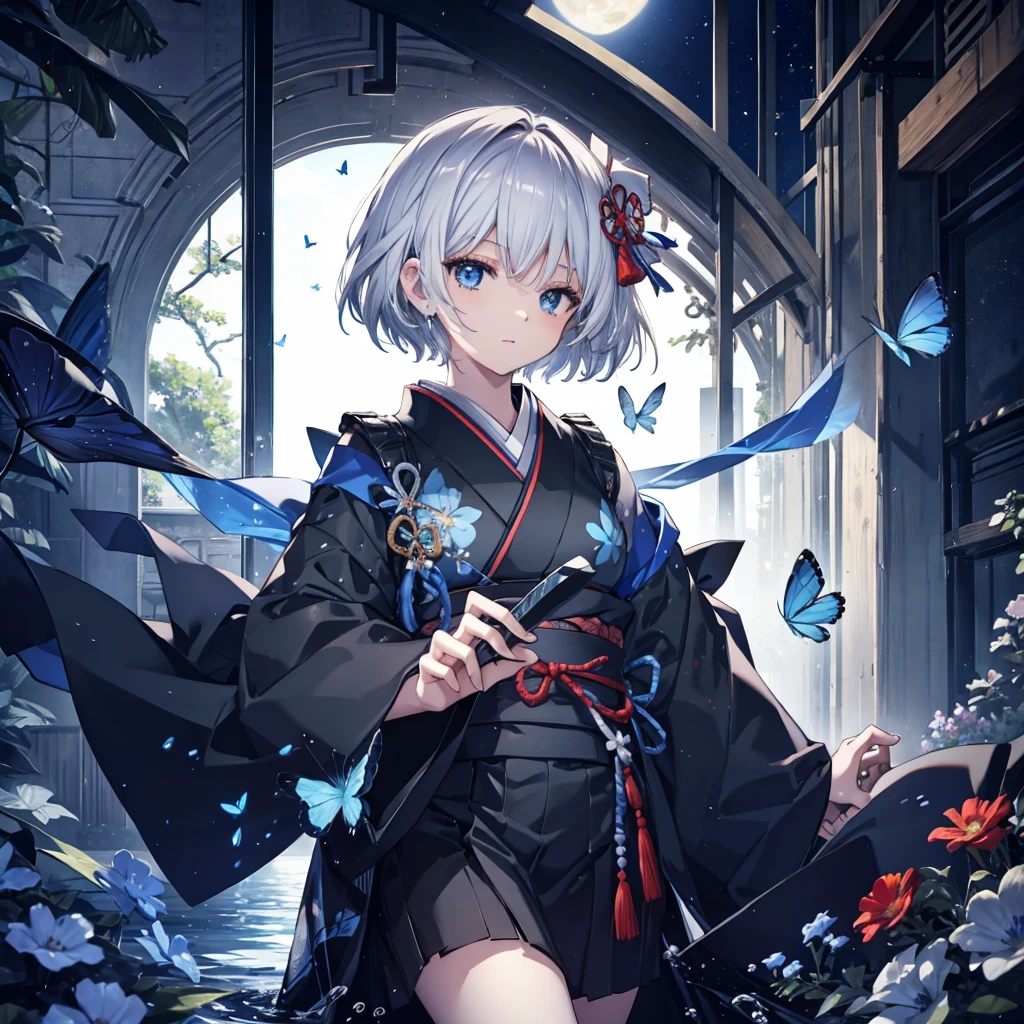 (((1 person))) ((High resolution Gray Hair short hair Black kimono Shoulder)) ((Black Band military commander Lonely despair blue eyes)) ((Blue Butterfly night Japanese style old Shining Aura garden water surface)) (dance 日本knife knife Slashing) moon star Draw your sword Slashing Catch the wind