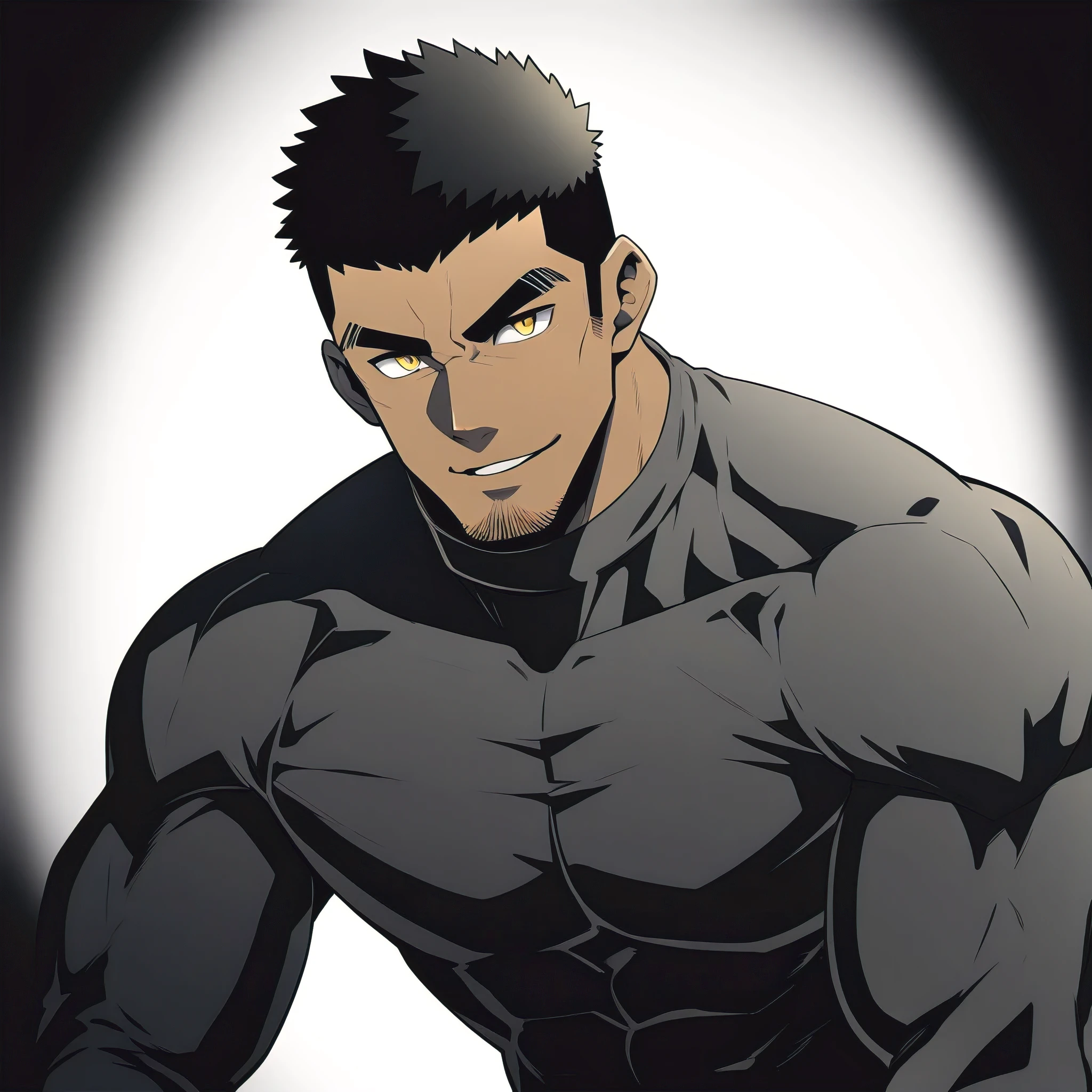 one negro, anime characters:Gyee, Hibino Kafka, One Muscle Sports Student, negro black skin, Very Black, muscular tough guy, Manliness, male focus, Grey long sleeve turtleneck tight t-shirt, Regular symmetrical pattern, Very tight, muscular male, muscular, only, Upper body, alone, Black short hair, Thick eyebrows, stubble, Yellow eyes, White background, simple background, amazing quality, best aesthetics, Ridiculous, bright pupils, crew cut, parted lips, seductive smile, torogao, naughty face, best quality