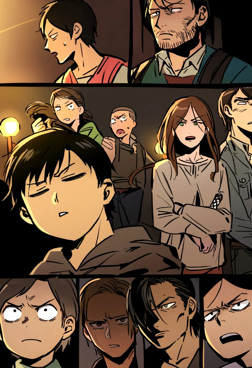 Damian Wayne 16 year old DC comics man with angry expression, vestido con una sudadera deportiva sin mangas negras y pantalones negros tipo cargo sosteniendo una katana enfrente de Rick Grimes, Daryl Dixon, Carl Grimes, Maggie Greene, Glenn Rhee, Carol Peletier y Michonne Hawthorne