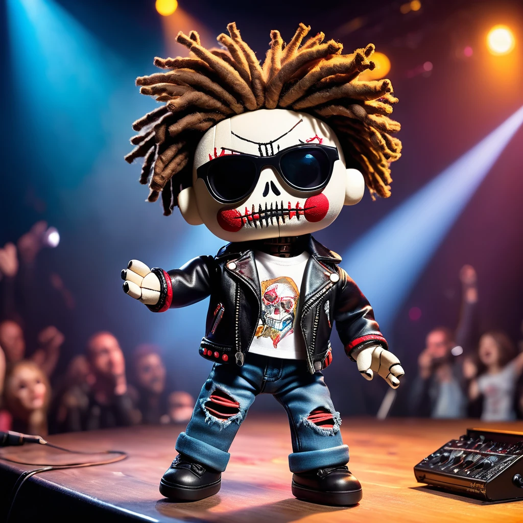 (knitted toy voodoo doll:1.2), Voodoo at a rock concert, Clothes Leather jacket, ripped jeans, sunglasses, in the background a stage with musical equipment, a crowd of fans, bright spotlights, best quality, masterpiece, soft oil painting, detailed background, dramatic cinematic lighting, soft edge lighting, professional, dramatic lighting, hard edge lighting, ultra quality, 4k, masterpiece, best quality, 8k, super high definition, high de