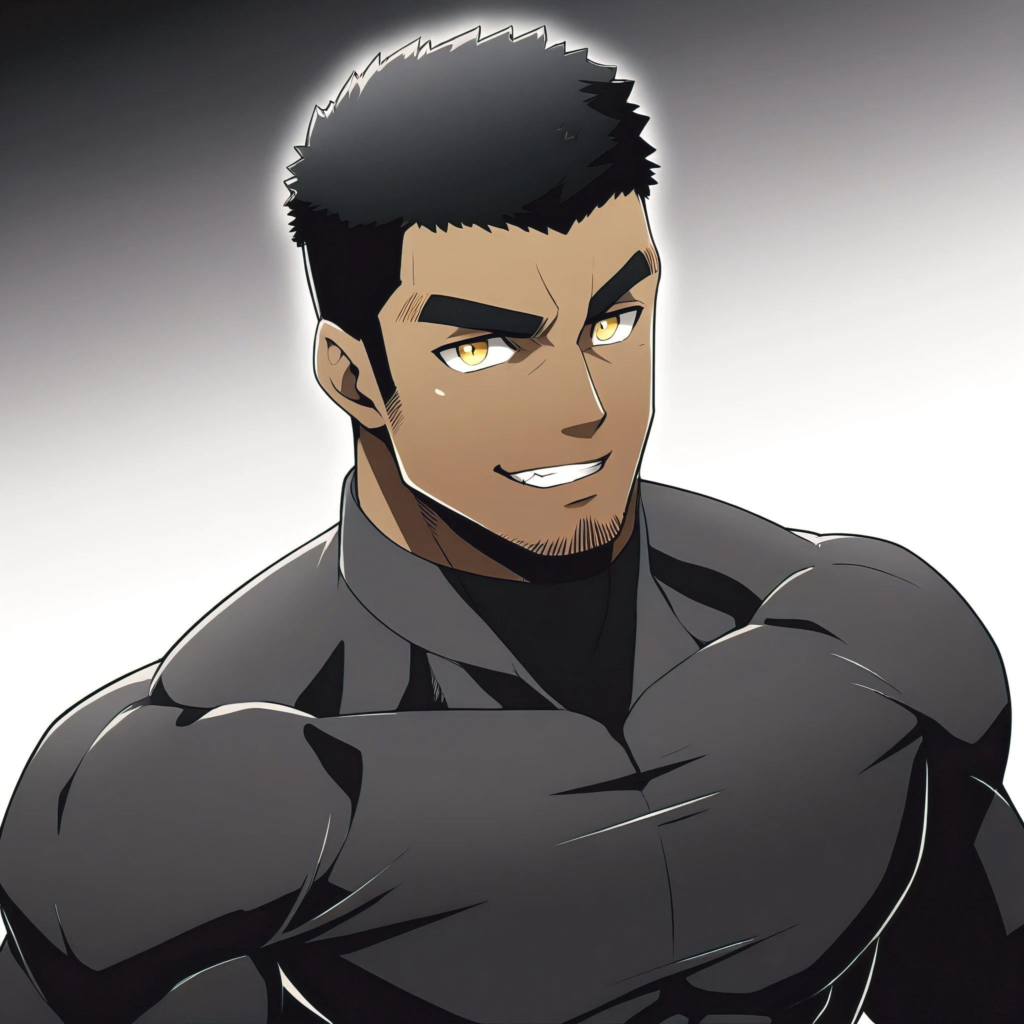 one negro, anime characters:Gyee, Hibino Kafka, One Muscle Sports Student, negro black skin, Very Black, muscular tough guy, Manliness, male focus, Grey long sleeve turtleneck tight t-shirt, Regular symmetrical pattern, Very tight, muscular male, muscular, only, Upper body, alone, Black short hair, Thick eyebrows, stubble, Yellow eyes, White background, simple background, amazing quality, best aesthetics, Ridiculous, bright pupils, crew cut, parted lips, seductive smile, torogao, naughty face, best quality