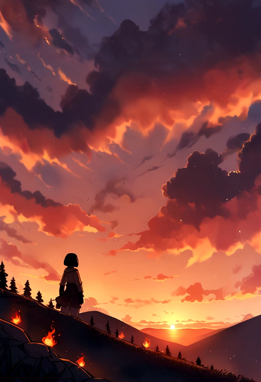 cloud, cloudy_null, evening, evening, fire, gloves, Slope_null, orange_null, Outdoor, scenery, science_fiction, null, sunset, Twilight, from_Under, Bobcut,One Girl