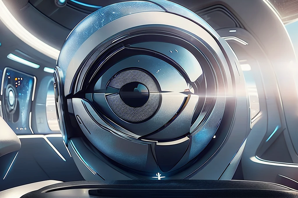 One sublime woman sits next to a table, the woman's left eye is replaced by a galactic eye patch, scene in a futuristic laboratory