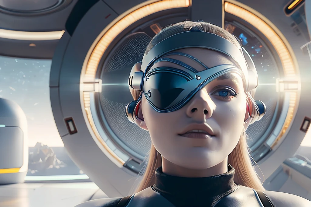 One sublime woman sits next to a table, the woman's left eye is replaced by a galactic eye patch, scene in a futuristic laboratory