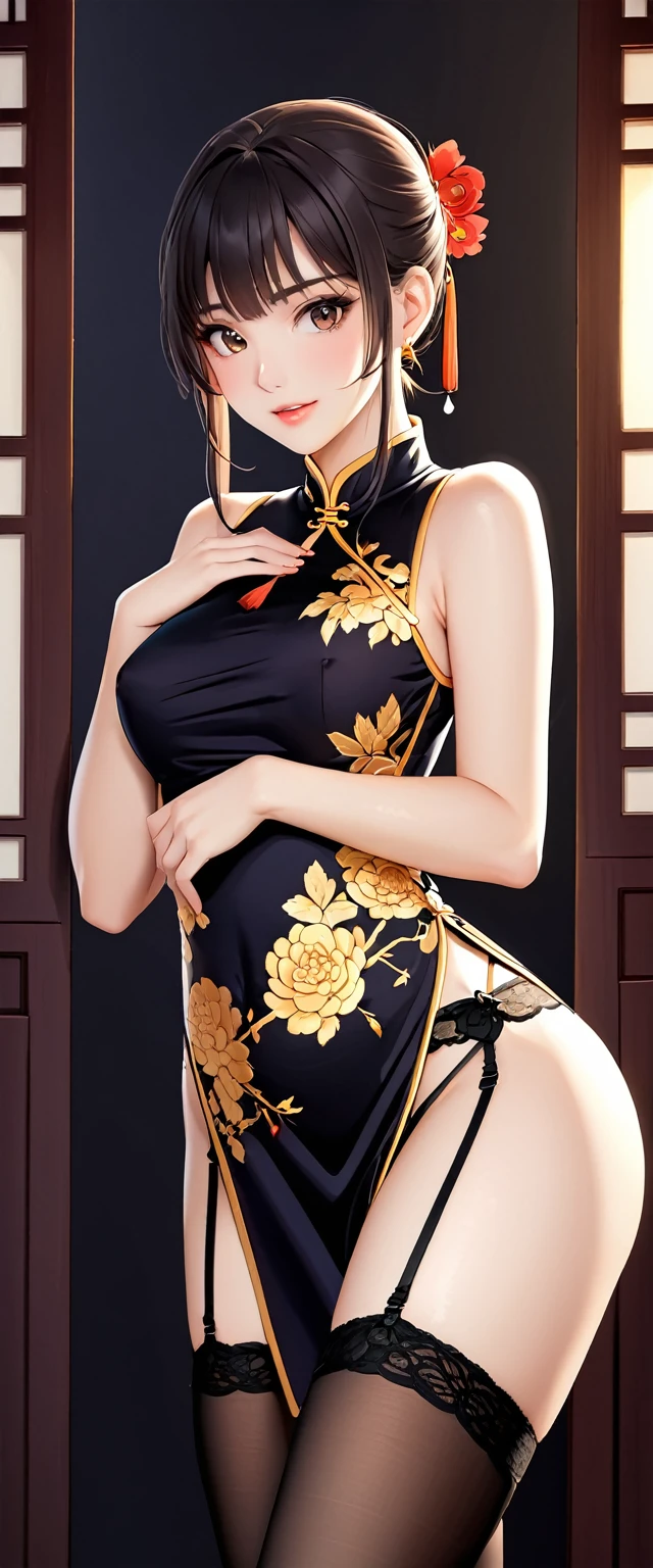 High resolution, adult woman , good lighting, despicable, , (nudity), (((China dress))), (()), ((())), (garter belt), abdomen only, (),  ,  cute face, I&#39;m embarrassed and blush, humiliating, ((turn around and look back)), ((See-through))()(T-back)(a large amount of  is on the body,)