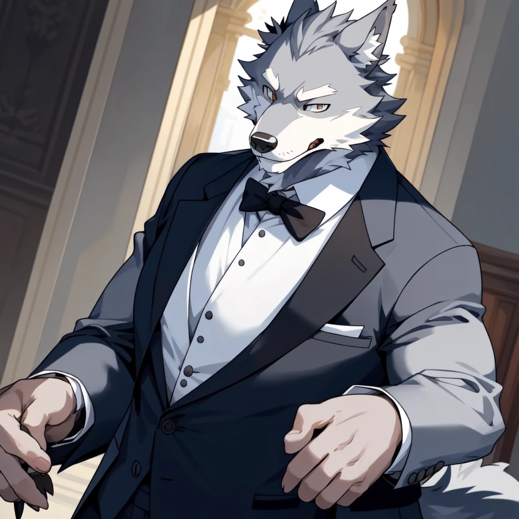 a handsome furry wolf, grey fur, cute, rich, formal clothes, head only, solo, only head