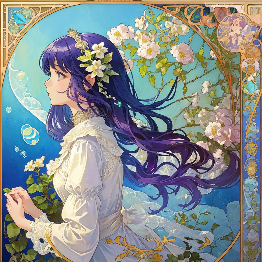 (((1 girl ))), masterpiece, highest quality, beautifully、aesthetic: 1.2, gem, Quality lace, Detailed frame, Flowers, water, A beautiful girl fits into the frame, rainbow hair, bubbles, profile, Alphonse Mucha Style