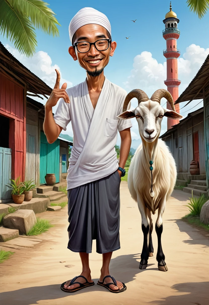 Realistic caricature with a big head, an Indonesian man wearing glasses wearing a sarong, skullcap, flip-flops, clean face standing [namaste hands] side by side with a male Etawa goat, the location of a cool village, visible is a village mosque.
