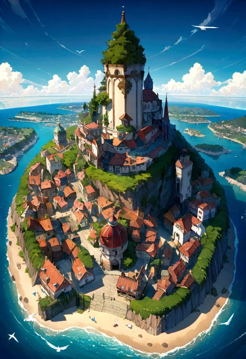 A bird's eye view of a coastal town with a blue sea and islands below, with a seagull soaring overhead against a bright blue sky with soft, warm lighting and a happy, relaxing atmosphere. The scene is filled with intricate details, including scrapyard delivery services, references to Miyazaki and Studio Ghibli animations, and a sense of openness and tranquility. The overall image is of the highest quality, with a masterful, ultra-wide angular composition, 8K resolution, and super-detailed, accurate rendering.