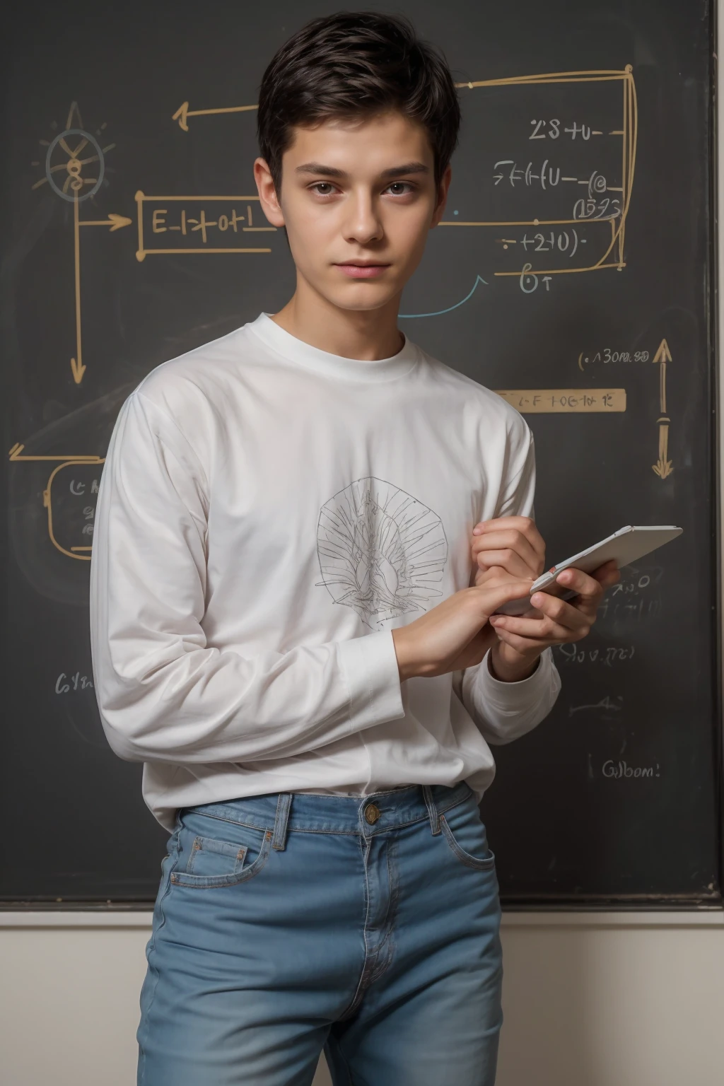 A cute, beautiful, black-haired male twink is wearing a luxurious, bright white, long-sleeved shirt and jeans. He is in his office, and behind him is a blackboard with calculus written on it. Neon energy emerges from the blackboard as he looks proudly, and a mind map of science comes out of his head.