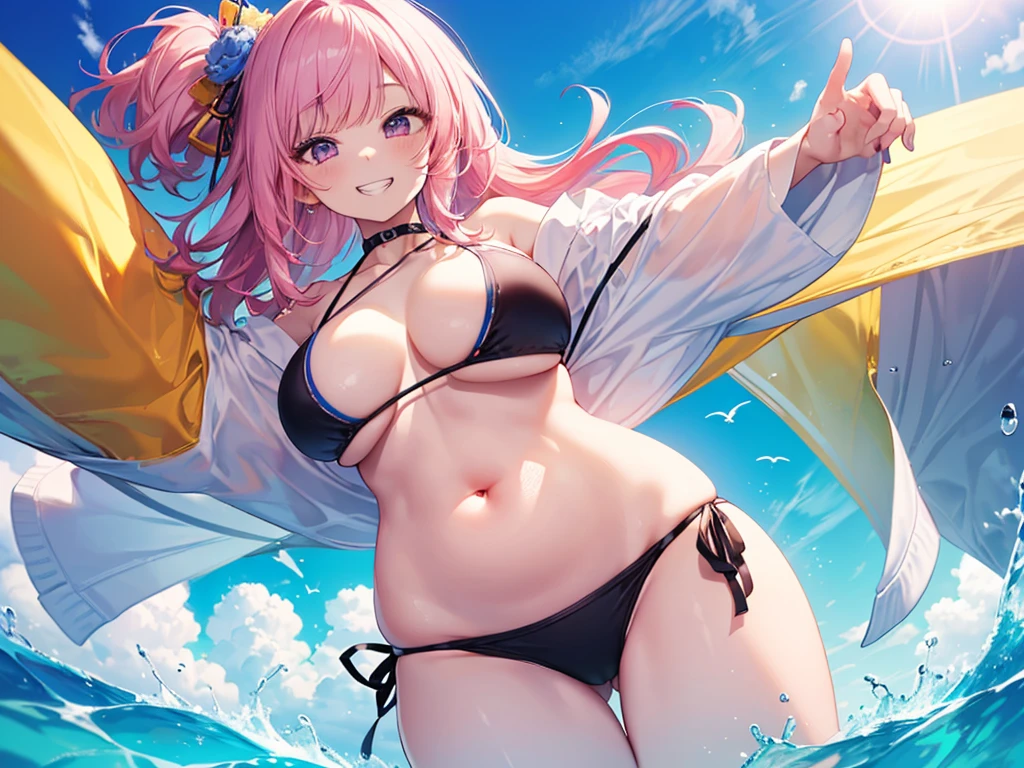 (8k、Highest quality、Highest quality、masterpiece)、Detailed face、One person、 Pink Hair、((mesugaki:1.3),Plump body,Big Breasts,Swimwear,bikini,Look down on me、Open your mouth,From below,Wicked Smile、((grin:1.3))、