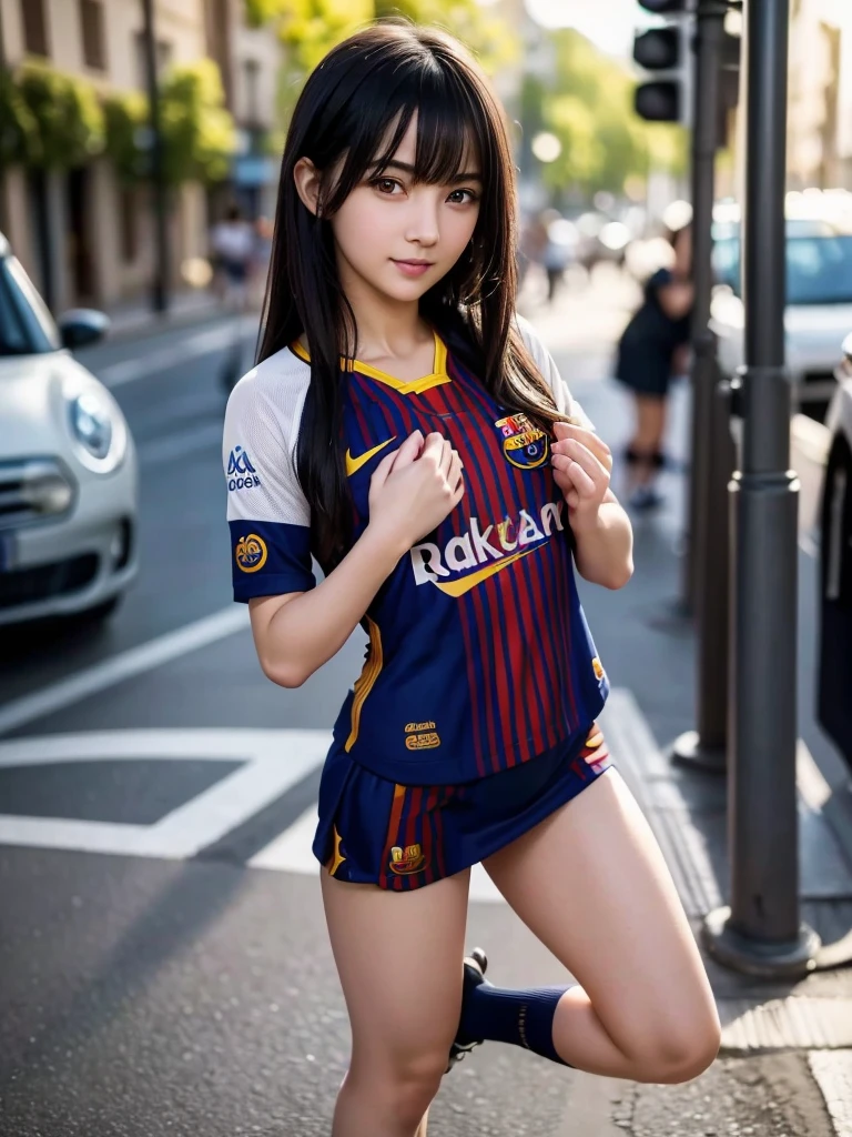 1girl in, length hair, ((Barcelona football jersey)), professional make up, cyberpunked, Dinamic Light, cleavage of the breast、Beautiful butt、dynamic ungle, (Pose Seductive), beautiful curves、glamorous、wide body