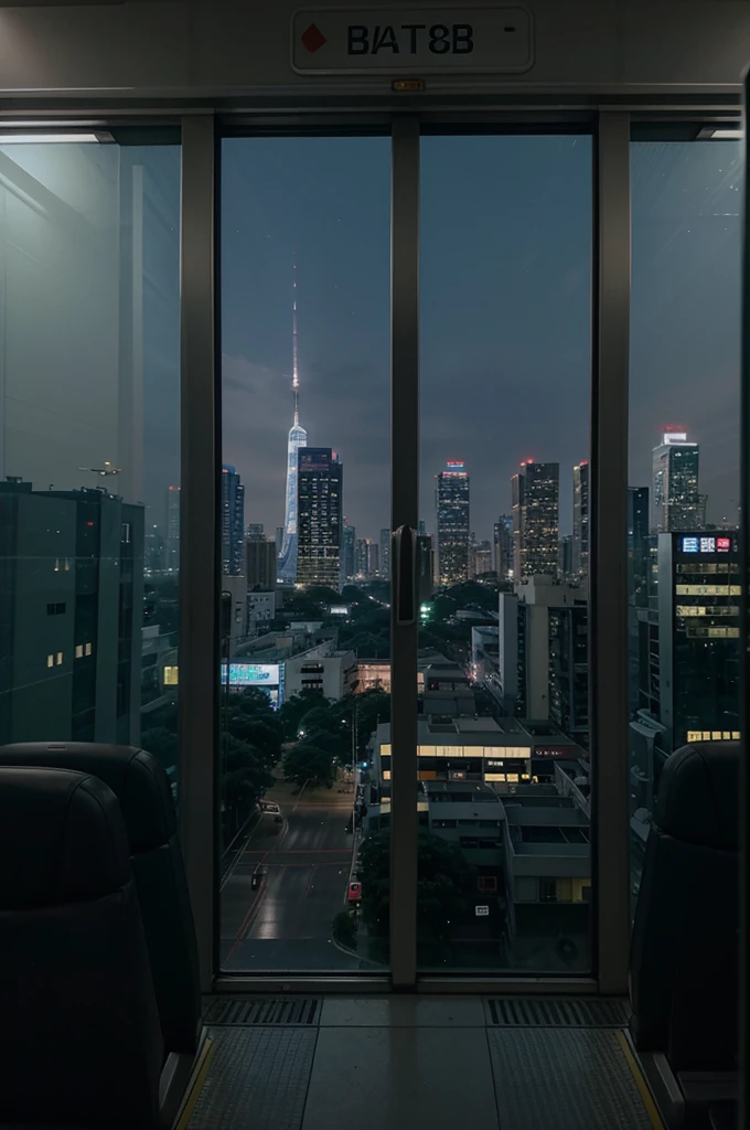 photo from inside the mrt facing the mrt window from the opposite side of our seat with a night view of a few skyscrapers, and 1 or 2 people