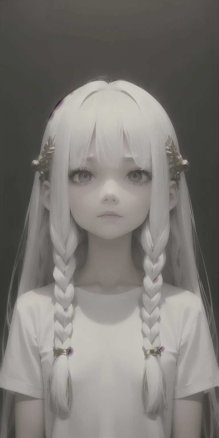 best quality, masterpiece,white hair, gold eyes,white clothes, looking up, upper body,hair strand,Fair skin,side braids make. Tshirt desine