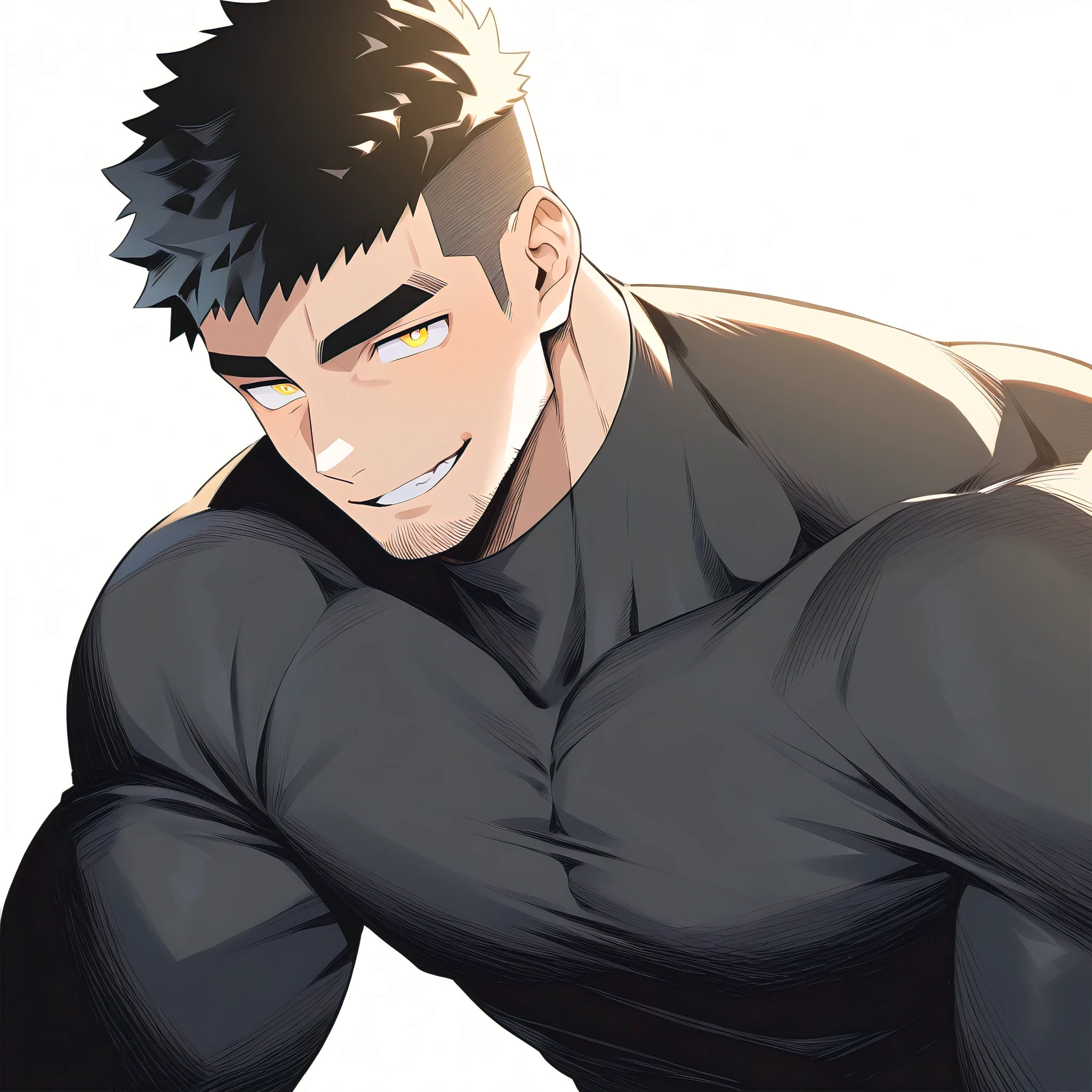 one negro, anime characters:Gyee, Hibino Kafka, One Muscle Sports Student, negro black skin, Very Black, muscular tough guy, Manliness, male focus, Grey long sleeve turtleneck tight t-shirt, Regular symmetrical pattern, Very tight, muscular male, muscular, only, Upper body, alone, Black short hair, Thick eyebrows, stubble, Yellow eyes, White background, simple background, amazing quality, best aesthetics, Ridiculous, bright pupils, crew cut, parted lips, seductive smile, torogao, naughty face, best quality