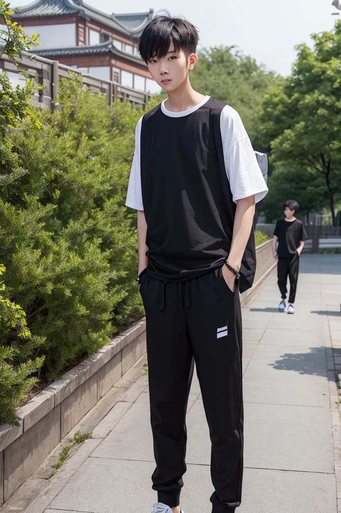 Beijing young men, slim. wearing oversize white T shirt then black jogger pants, full body, black short cut, garden