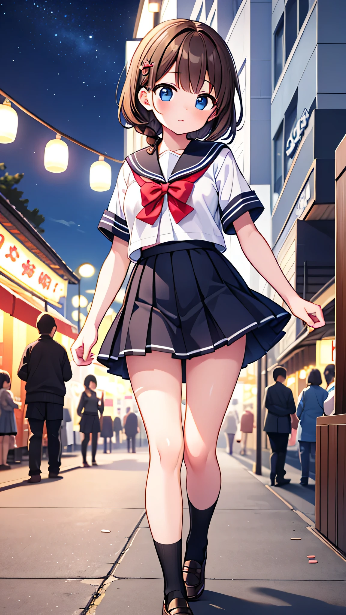 {Highest quality], [Super beautiful], [Ultra fine], [Best illustration], NSFW,Brown Hair,Hime cut,Braid,Clear,With bangs, girl,Sailor suit,knit cardigan,Short sleeve,skirt,Slender women,walk,(Public),Night Park,Summer festival,diagonal,Black high socks,Black loafa,Between hatred,ridicule