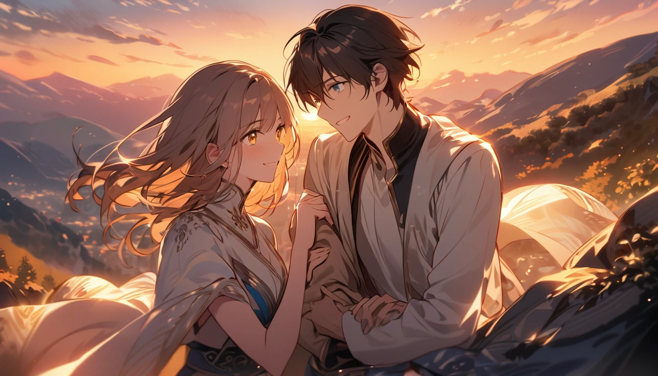 As the sun sets behind the distant mountains, casting a warm, golden glow over the landscape (sunset ambiance: 1.0), a couple stands on the edge of a cliff, their expressions filled with awe and wonder (couple's emotions: 1.0). BREAK The wind tousles their hair (wind effect: 1.0) as they gaze out at the breathtaking vista before them (scenic beauty: 1.0).
She has a slight smile playing on her lips, her eyes sparkling with a mix of joy and contentment (her expression: 1.0). Her hand gently rests on his arm, conveying affection and trust (her gesture: 1.0).
He looks at her with a deep, loving gaze (his expression: 1.0), his eyes reflecting the colors of the setting sun. His body language exudes a sense of protection and devotion (his gesture: 1.0).
Together, they share a profound connection, and their detailed expressions tell a story of love and harmony that words alone cannot capture.