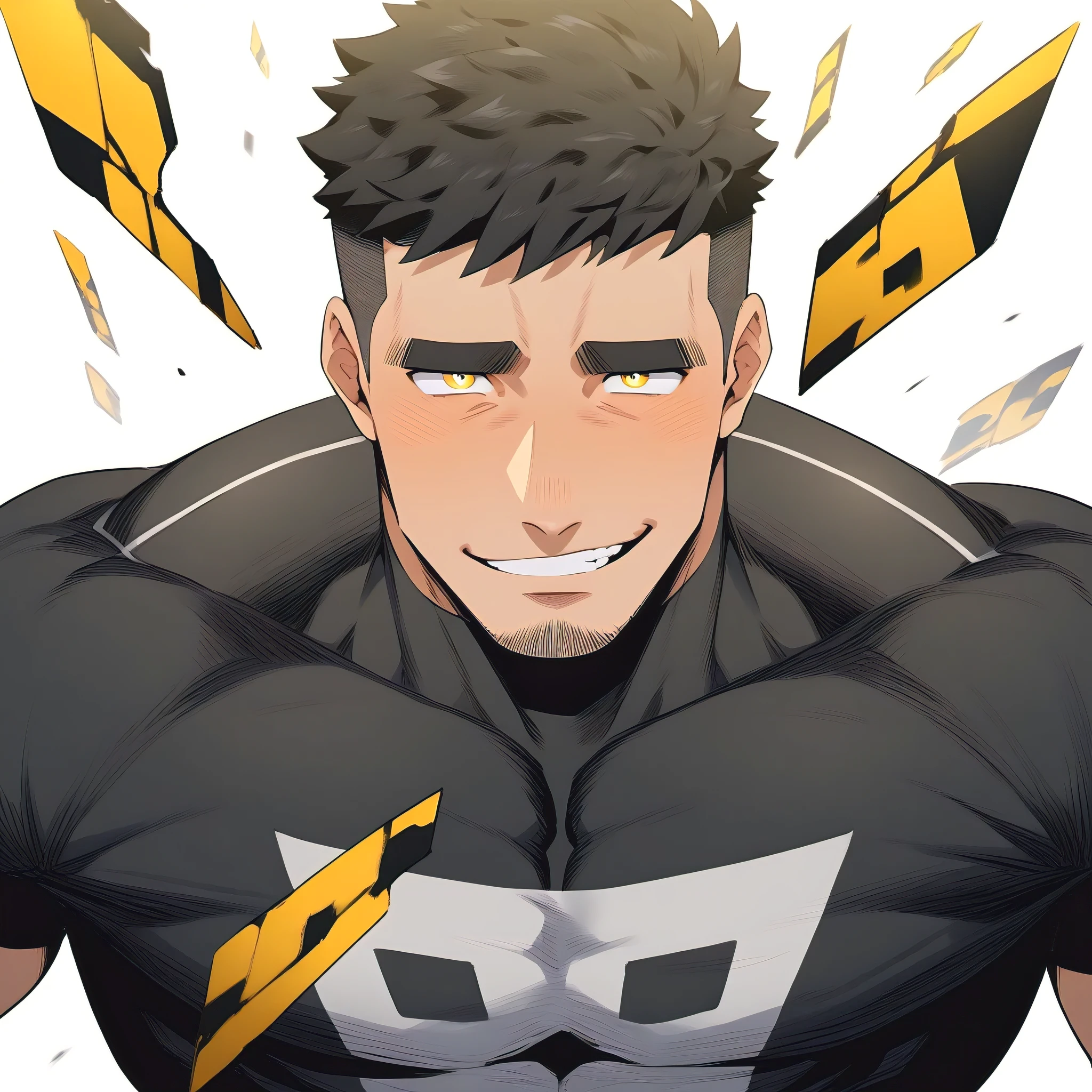 one negro, anime characters：Gyee, Hibino Kafka, One Muscle Sports Student, ????? black skin, Very Black, muscular tough guy, Manliness, male focus, Grey long sleeve turtleneck tight t-shirt, Regular symmetrical pattern, Very tight, muscular male, muscular, only, Upper body, alone, Black short hair, Thick eyebrows, stubble, Yellow eyes, White background, simple background, amazing quality, best aesthetics, Ridiculous, bright pupils, crew cut, parted lips, seductive smile, torogao, naughty face, best quality