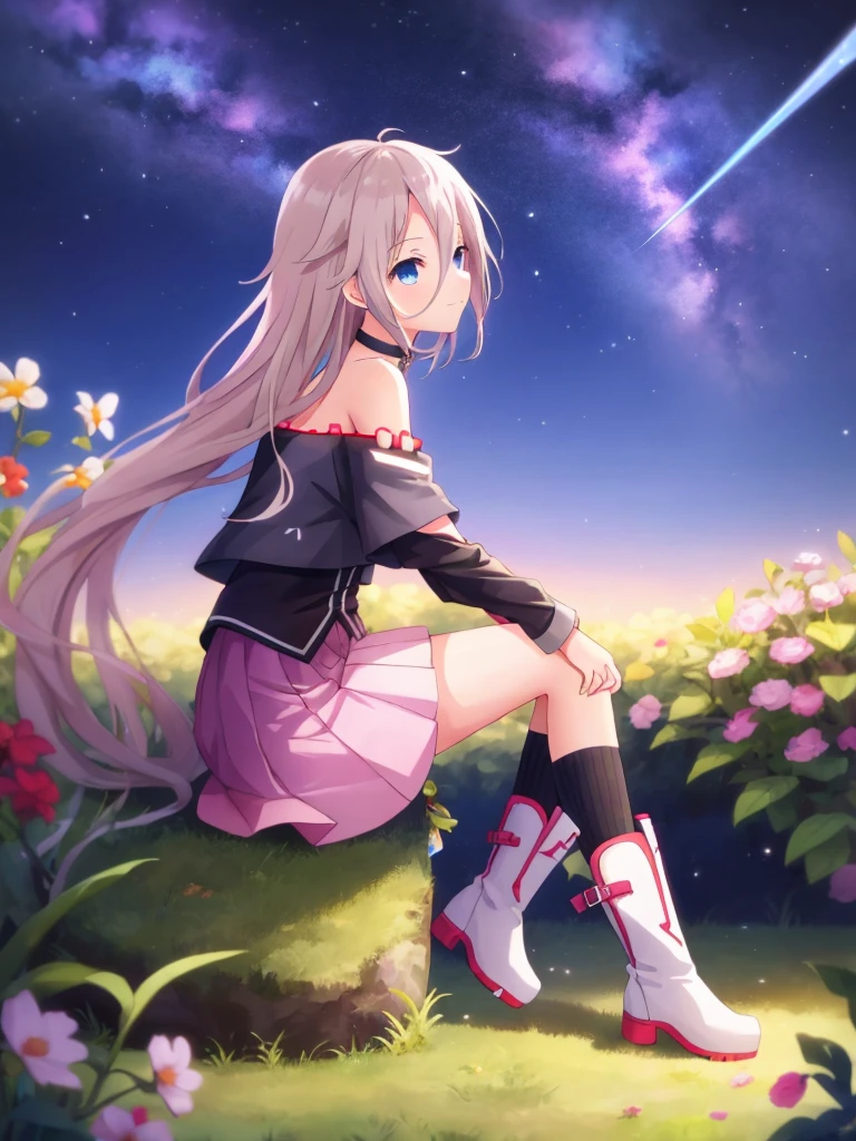 one girl, IA, vocaloid, skirt, black shirt, off shoulder, choker, beauty, girl from other planet, happy, mysterious girl, boots, sitting on garden, full body, hold knee, from side, gaze at sky, night sky