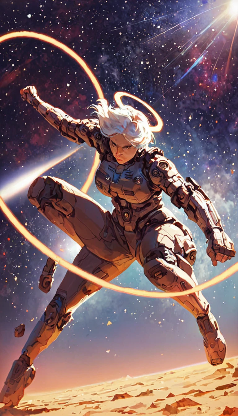 score_9, score_8_up, score_7_up,((1girl)),starry_background,intense shadows,lens_flare, day,white_background,fighting_stance,agent,glamor,white hair,halo,byzantine_fashion,mature,short hair,space_suit, monkren