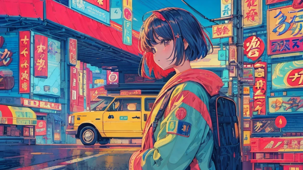 Highest quality, 4k wallpaper, masterpiece, Highly detailed CG Unity 8k wallpaper, Very fine grain, Super detailed, Intricate details, 中央に1peopleの幸せな女の子のクローズアップ, Retro art style, neon_Pop Art Style, public, Outdoor, road signs, city, people々