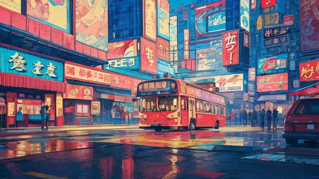 Highest quality, 4k wallpaper, masterpiece, Highly detailed CG Unity 8k wallpaper, Very fine grain, Super detailed, Intricate details, 中央に1peopleの幸せな女の子のクローズアップ, Retro art style, neon_Pop Art Style, public, Outdoor, road signs, city, people々