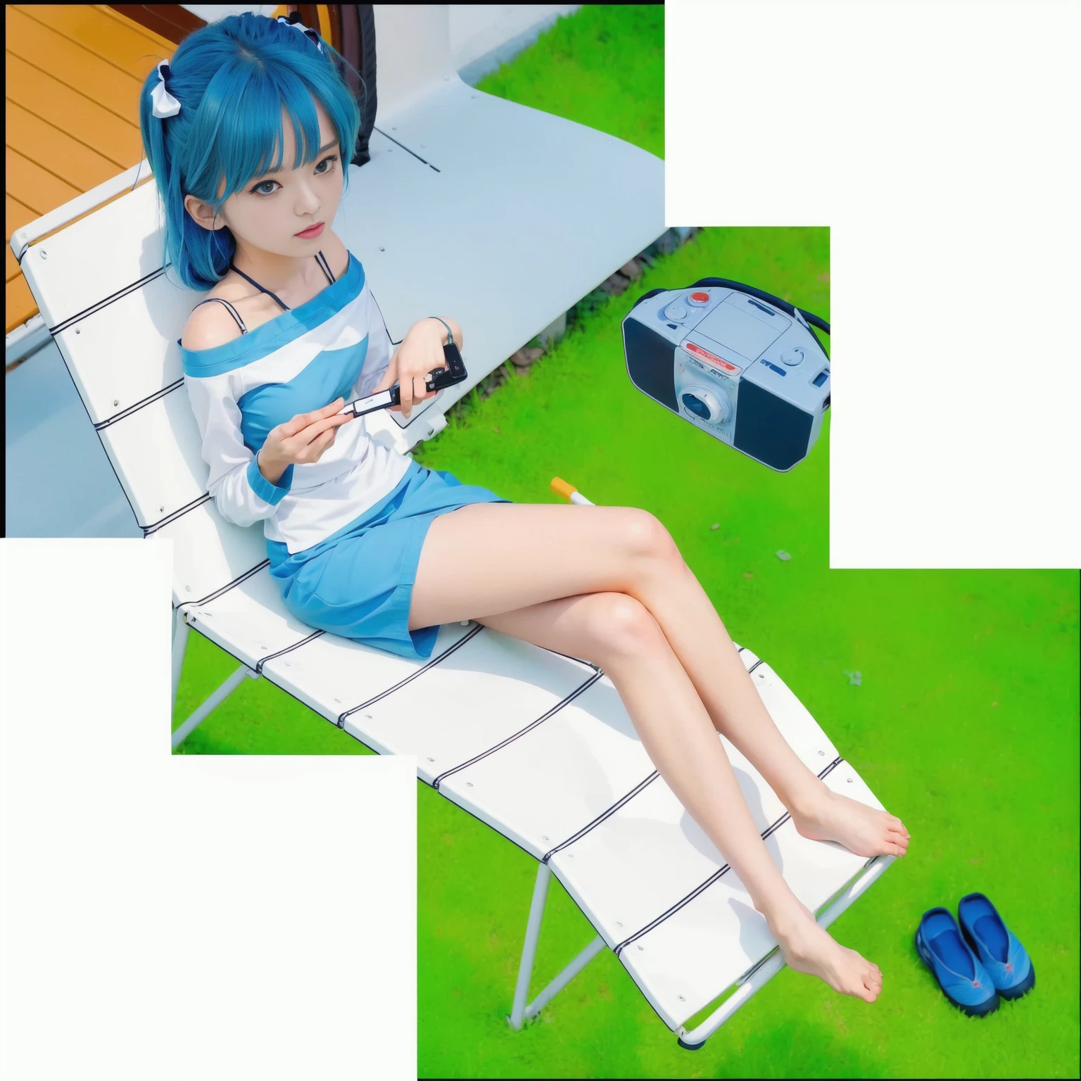 anime girl sitting on a lawn chair with a remote control, gainax anime style, rei ayanami, aya takano color style, inspired by Rei Kamoi, gainax, tsubasa nakai's style, rei hiroe, asuka as a surfer model, cel shaded anime, 80s anime ova style, 90s anime style