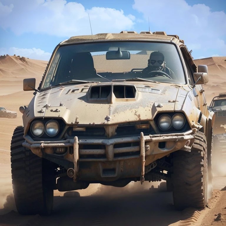 There is a dirty car parked in the dirt, Mad Max style, in Mad Max style, pixar cars in Mad Max fury road, Mad Max inspired, Mad Max fury road style, from the movie Mad Max fury road, Mad Max, Mad Max dust storm, Mad Max, trophy truck, phone wallpaper, Off-road, Octane Engine Rendering 8k hdr Wide-angle lens, shot from above