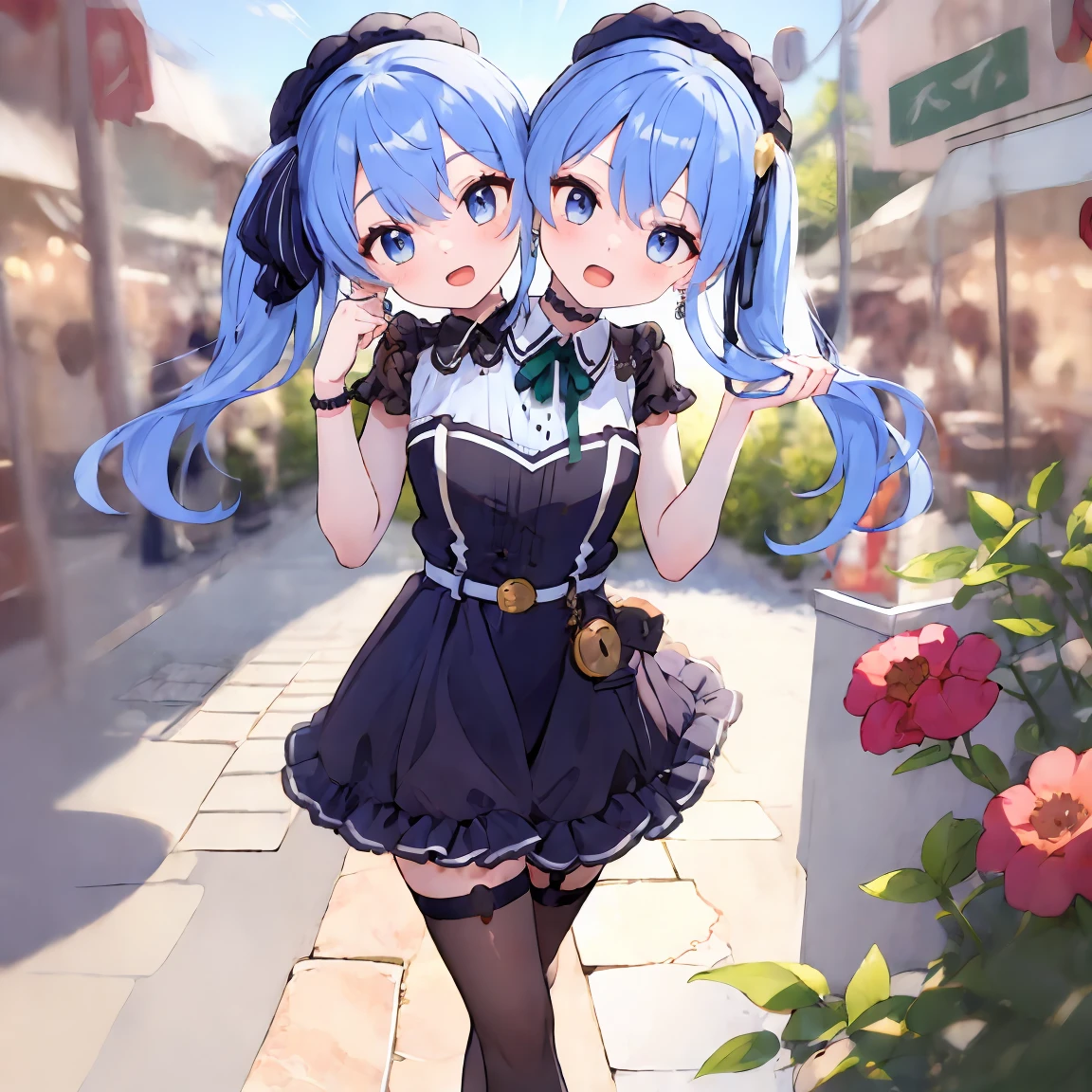 two pictures, one of anime and other of cartoon woman wearing blue outfit and a blue wig, 1girl, blue eyes, braid, blue hair, hair flower, long hair, swimsuit, ahoge, twin braids, hair ornament, flower, smile, roxy migurdia, bikini, hat, dress, looking at viewer, frills, very long hair, witch hat, navel