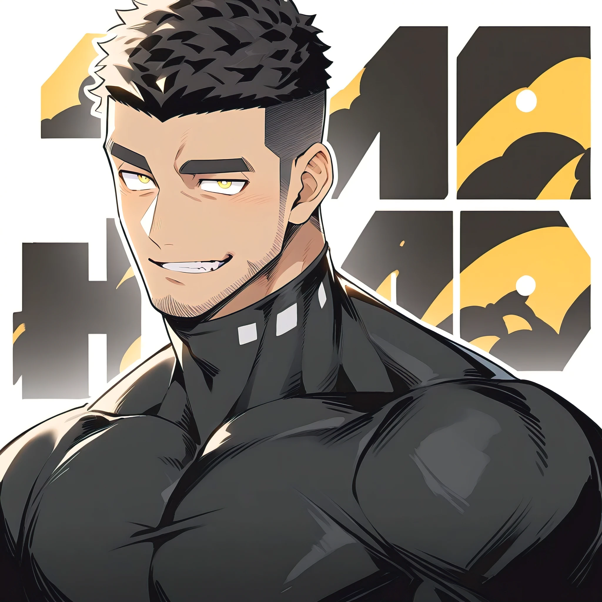 one negro, anime characters:Gyee, Hibino Kafka, One Muscle Sports Student, negro black skin, Very Black, muscular tough guy, Manliness, male focus, Grey long sleeve turtleneck tight t-shirt, Regular symmetrical pattern, Very tight, muscular male, muscular, only, Upper body, alone, Black short hair, Thick eyebrows, stubble, Yellow eyes, White background, simple background, amazing quality, best aesthetics, Ridiculous, bright pupils, crew cut, parted lips, seductive smile, torogao, naughty face, best quality