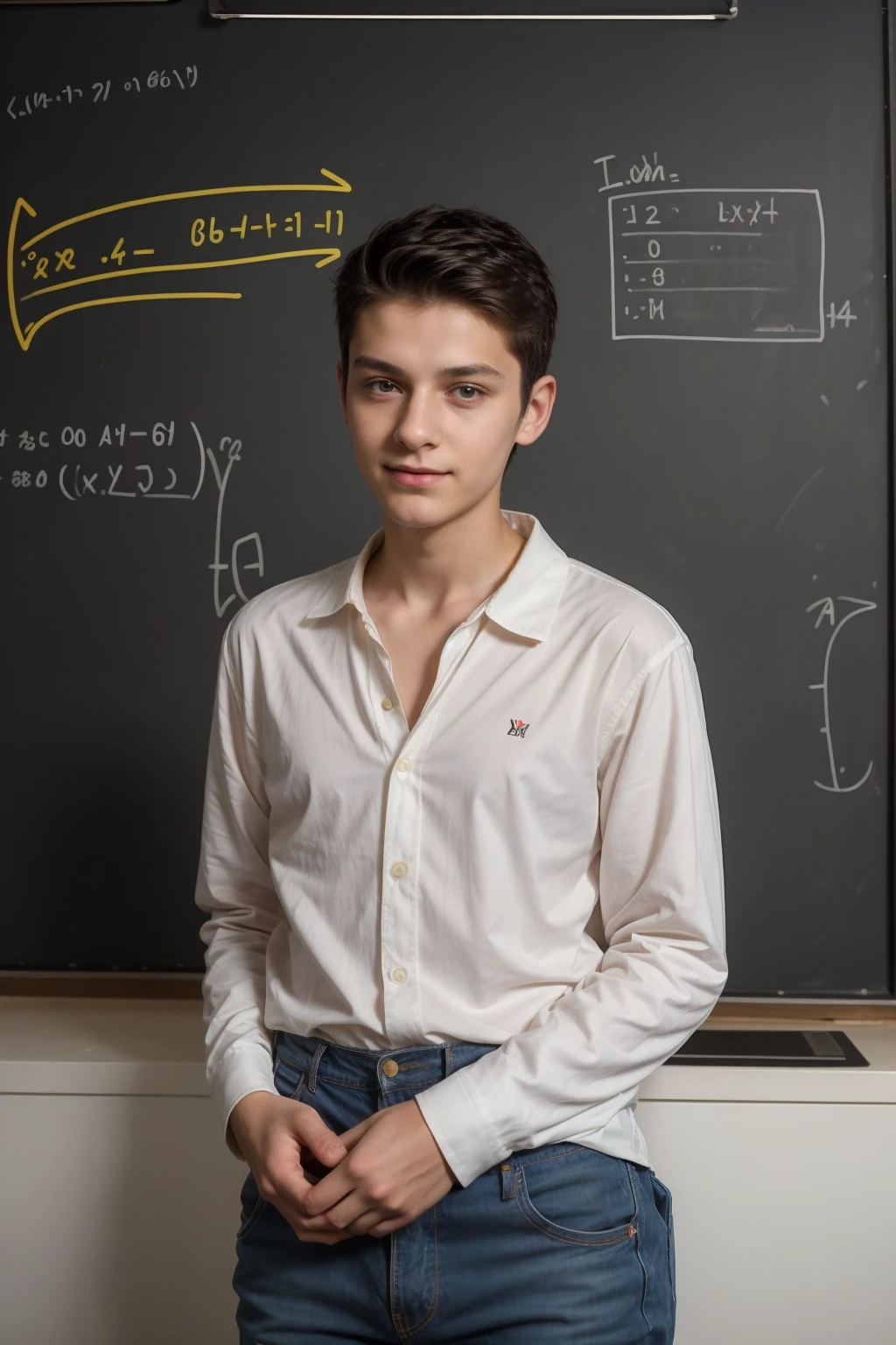 A young male twink, 22 years old, with a cute, angel-faced face with makeup and black hair, wearing a luxurious, long-sleeved, white shirt and brown medieval pants. Behind him is a blackboard with mathematical equations written on it. He looks proudly as he sits at a desk with medical tools on it, and he has an innocent face.